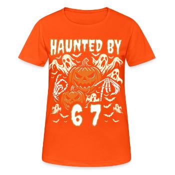 Haunted By 67 Six Seven Meme Gen Alpha Basketball - Women's Breathable T-Shirt - neon orange - Front - AI Model Female 172 dark (172cm)
