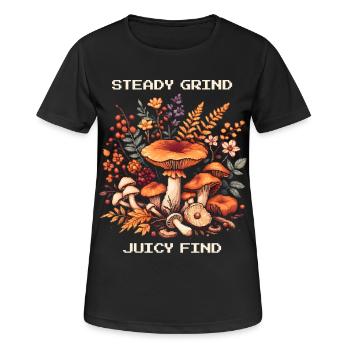 Mouture constante, trouvaille juteuse | Chasse aux champignons Chanterlin - T-shirt respirant Femme - noir - Devant - AI Model Female 172 light (172cm)