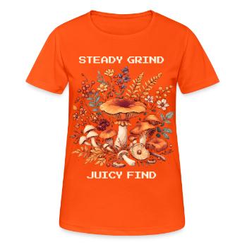 Constant grind, juicy find | Mushroom Hunt Chanterlin - Women's Breathable T-Shirt - neon orange - Front - AI Model Female 172 dark (172cm)