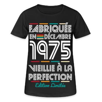 Anniversaire 50 ans - Fabriquée en Décembre 1975 - T-shirt respirant Femme - noir - Devant - AI Model Female 172 light (172cm)