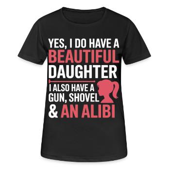 Witzshirt Waffe Schaufel Alibi - Frauen T-Shirt atmungsaktiv - Schwarz - Vorne - AI Model Female 172 light (172cm)
