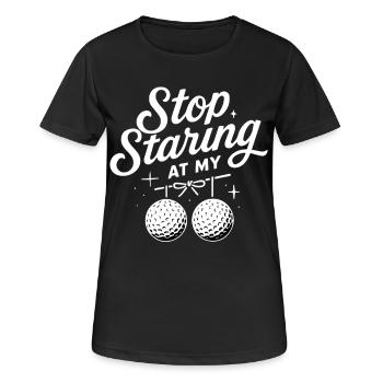 Hör auf, auf meine Golfbälle zu starren Lustiges Golf - Frauen T-Shirt atmungsaktiv - Schwarz - Vorne - AI Model Female 172 light (172cm)