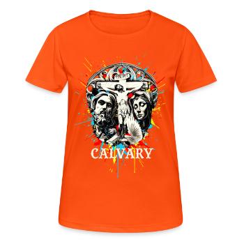 CRUCIFIXION DU CALVAIRE - Street Art Christianisme - T-shirt respirant Femme - orange néon - Devant - AI Model Female 172 dark (172cm)
