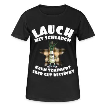 Gym LAUCH MIT SCHLAUCH KAUM TRAINIERT Lustig - Frauen T-Shirt atmungsaktiv - Schwarz - Vorne - AI Model Female 172 light (172cm)