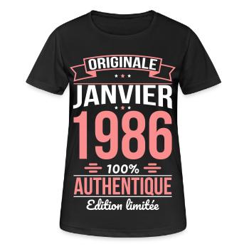 40-jähriges Jubiläum – Original – Januar 1986 - Frauen T-Shirt atmungsaktiv - Schwarz - Vorne - AI Model Female 172 light (172cm)