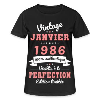40-jähriges Jubiläum – Jahrgang – Januar 1986 - Frauen T-Shirt atmungsaktiv - Schwarz - Vorne - AI Model Female 172 light (172cm)