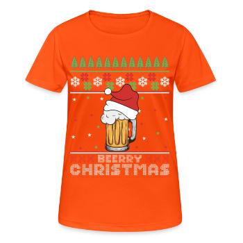 Frohe Weihnachtsbier, hässlicher Pullover – Geschenk - Frauen T-Shirt atmungsaktiv - Neonorange - Vorne - AI Model Female 172 dark (172cm)