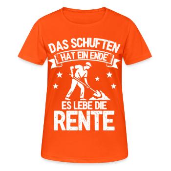 Das Schuften hat ein Ende. Es lebe die Rente - Frauen T-Shirt atmungsaktiv - Neonorange - Vorne - AI Model Female 172 dark (172cm)