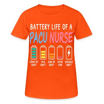 Battery level of a recovery room caregiver humor - Women's Breathable T-Shirt - neon orange - Front - AI Model Female 172 dark (172cm)