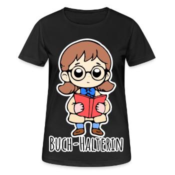 Die lustige Buch-Halterin hält ein Buch und liest - Frauen T-Shirt atmungsaktiv - Schwarz - Vorne - AI Model Female 172 light (172cm)