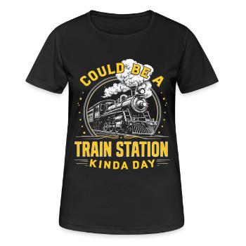 Bahnhoftag Dampflok – Retro Flair - Frauen T-Shirt atmungsaktiv - Schwarz - Vorne - AI Model Female 172 light (172cm)