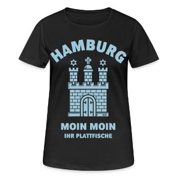 Hambourg – Moin Moin Ihr Plattfische Plattdeutsch S - T-shirt respirant Femme - noir - Devant - AI Model Female 172 light (172cm)