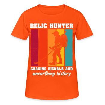 Recherche de reliques au détecteur de métaux - T-shirt respirant Femme - orange néon - Devant - AI Model Female 172 dark (172cm)