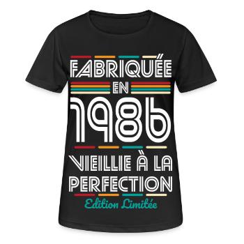 1986 – Hergestellt – Perfekt gereift - Frauen T-Shirt atmungsaktiv - Schwarz - Vorne - AI Model Female 172 light (172cm)