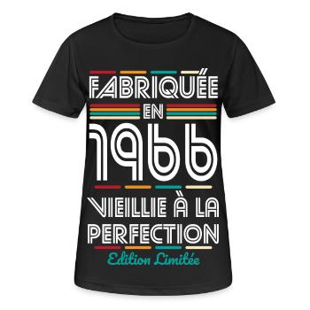 1966 – Hergestellt – Perfekt gereift - Frauen T-Shirt atmungsaktiv - Schwarz - Vorne - AI Model Female 172 light (172cm)