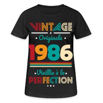 1986 – Vintage – Perfekt gereift - Frauen T-Shirt atmungsaktiv - Schwarz - Vorne - AI Model Female 172 light (172cm)