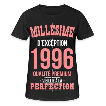 1996 – Außergewöhnlicher Jahrgang – Premiumqualität - Frauen T-Shirt atmungsaktiv - Schwarz - Vorne - AI Model Female 172 light (172cm)