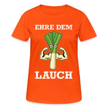 Haltérophiles GLOIRE AU POIREAU Drôle - T-shirt respirant Femme - orange néon - Devant - AI Model Female 172 dark (172cm)