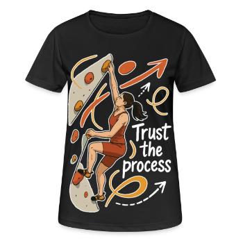Bouldern Shirt Damen – Vertrau dem Prozess - Frauen T-Shirt atmungsaktiv - Schwarz - Vorne - AI Model Female 172 light (172cm)