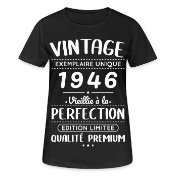 1946 – Jahrgang – Perfekt gereift - Frauen T-Shirt atmungsaktiv - Schwarz - Vorne - AI Model Female 172 light (172cm)