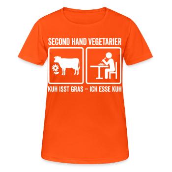 Second Hand Vegetarier – Lustiges Fleisch Design - Frauen T-Shirt atmungsaktiv - Neonorange - Vorne - AI Model Female 172 dark (172cm)