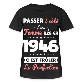 Geboren 1946 – Perfektion nahe - Frauen T-Shirt atmungsaktiv - Schwarz - Vorne - AI Model Female 172 light (172cm)