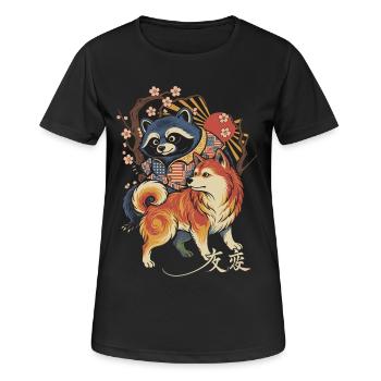 Waschbär und Shiba Inu Japan Art Kirschblüten - Frauen T-Shirt atmungsaktiv - Schwarz - Vorne - AI Model Female 172 light (172cm)