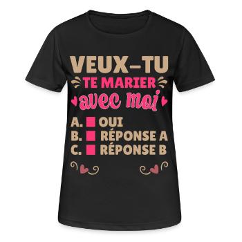 Demande en Mariage Originale Couple Saint Valentin - T-shirt respirant Femme - noir - Devant - AI Model Female 172 light (172cm)
