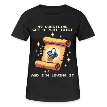 Questline Plot Twist | Baby hat alles geändert - Frauen T-Shirt atmungsaktiv - Schwarz - Vorne - AI Model Female 172 light (172cm)