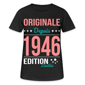 Original seit 1946 – 80-jähriges Jubiläum - Frauen T-Shirt atmungsaktiv - Schwarz - Vorne - AI Model Female 172 light (172cm)
