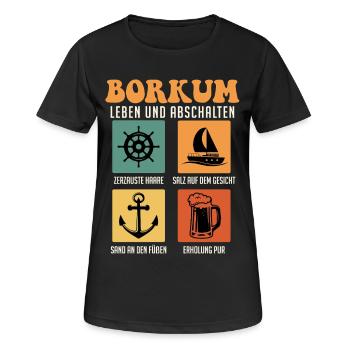 Nordsee BORKUM LEBEN UND ABSCHALTEN Retro Lustig - Frauen T-Shirt atmungsaktiv - Schwarz - Vorne - AI Model Female 172 light (172cm)