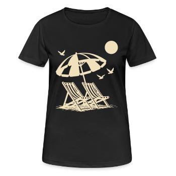 Strandurlaub mit Liegestühlen unter Sonnenschirm - Frauen T-Shirt atmungsaktiv - Schwarz - Vorne - AI Model Female 172 light (172cm)