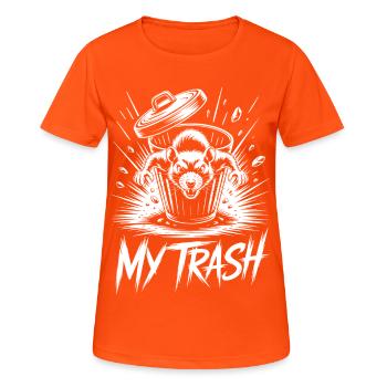 Aggressive Ratte im Mülleimer – My Trash - Frauen T-Shirt atmungsaktiv - Neonorange - Vorne - AI Model Female 172 dark (172cm)
