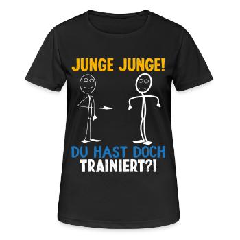 Fitness JUNGE JUNGE DU HASTDOCH TRAINIERT LUSTIG - Frauen T-Shirt atmungsaktiv - Schwarz - Vorne - AI Model Female 172 light (172cm)