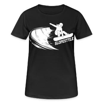 Slopestyle Snowboard Action in den Bergen - Frauen T-Shirt atmungsaktiv - Schwarz - Vorne - AI Model Female 172 light (172cm)