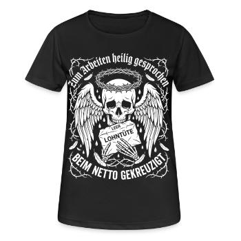 Zum Arbeiten Heilig Gesprochen - Frauen T-Shirt atmungsaktiv - Schwarz - Vorne - AI Model Female 172 light (172cm)