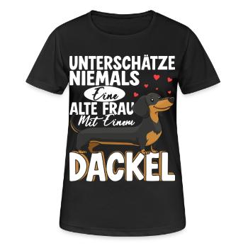 Unterschätze Niemals Eine Alte Frau Mit Dackel - Frauen T-Shirt atmungsaktiv - Schwarz - Vorne - AI Model Female 172 light (172cm)