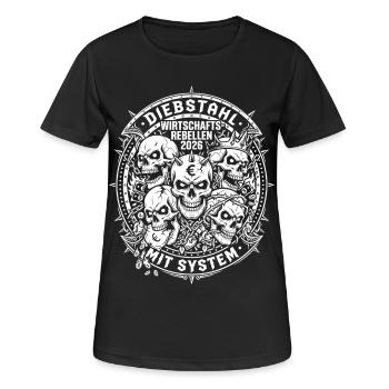 Wirtschafts Rebellen 2026, Diebstahl Mit System - Frauen T-Shirt atmungsaktiv - Schwarz - Vorne - AI Model Female 172 light (172cm)