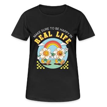 Be Happy in Real Life – Retro Blumen Vibes - Frauen T-Shirt atmungsaktiv - Schwarz - Vorne - AI Model Female 172 light (172cm)