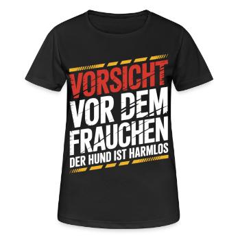 Hund Spruch T-Shirt – Vorsicht Vor Dem Frauchen - Frauen T-Shirt atmungsaktiv - Schwarz - Vorne - AI Model Female 172 light (172cm)