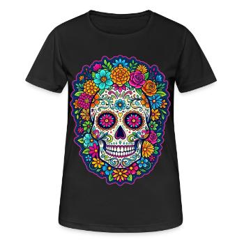 Mexikanischer Schädel, Zucker, Schädelblüten - Frauen T-Shirt atmungsaktiv - Schwarz - Vorne - AI Model Female 172 light (172cm)