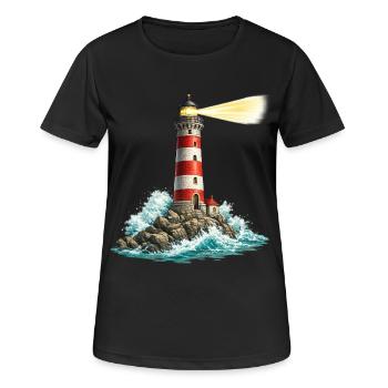 Leuchtturm am Felsenmeer Lichtstrahl - Frauen T-Shirt atmungsaktiv - Schwarz - Vorne - AI Model Female 172 light (172cm)