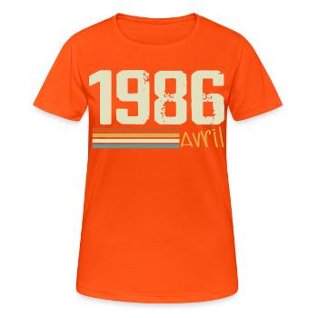 Né en avril 1986 - T-shirt respirant Femme - orange néon - Devant - AI Model Female 172 dark (172cm)