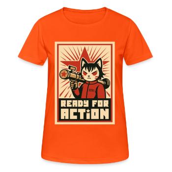 Retro Cat Commando : Prêt pour l'action - T-shirt respirant Femme - orange néon - Devant - AI Model Female 172 dark (172cm)