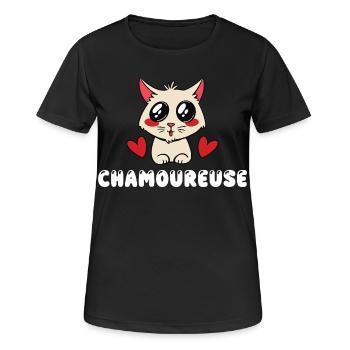 Chamoureuse Chat Amoureux Kawaii Mignon Jeu de Mot - T-shirt respirant Femme - noir - Devant - AI Model Female 172 light (172cm)