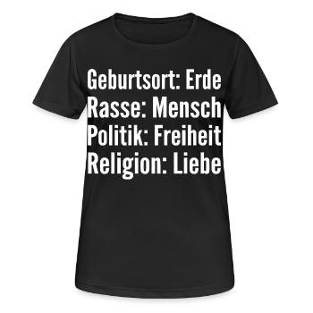Geburtsort Erde Rasse Mensch Politik Freiheit - Frauen T-Shirt atmungsaktiv - Schwarz - Vorne - AI Model Female 172 light (172cm)