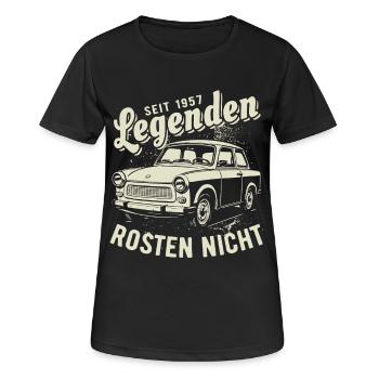 Trabi | Legenden Rosten Nicht | Oldtimer - Frauen T-Shirt atmungsaktiv - Schwarz - Vorne - AI Model Female 172 light (172cm)
