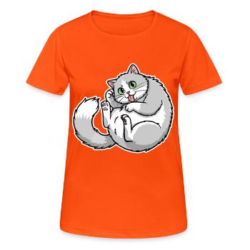 Chat Gris et Blanc Rigolo Langue Sortie Mignon - T-shirt respirant Femme - orange néon - Devant - AI Model Female 172 dark (172cm)