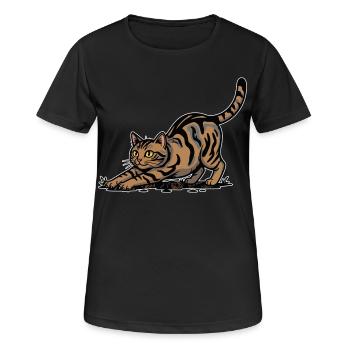 Braune getigerte Katze dehnt sich dynamisches Porträt - Frauen T-Shirt atmungsaktiv - Schwarz - Vorne - AI Model Female 172 light (172cm)