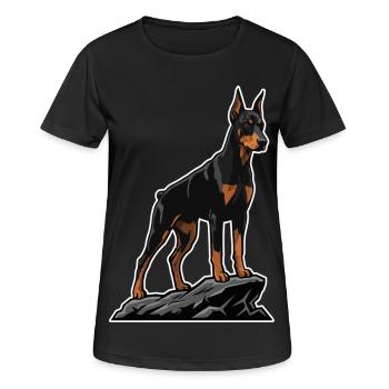 Dobermannhund auf Felsporträt Elite Black - Frauen T-Shirt atmungsaktiv - Schwarz - Vorne - AI Model Female 172 light (172cm)